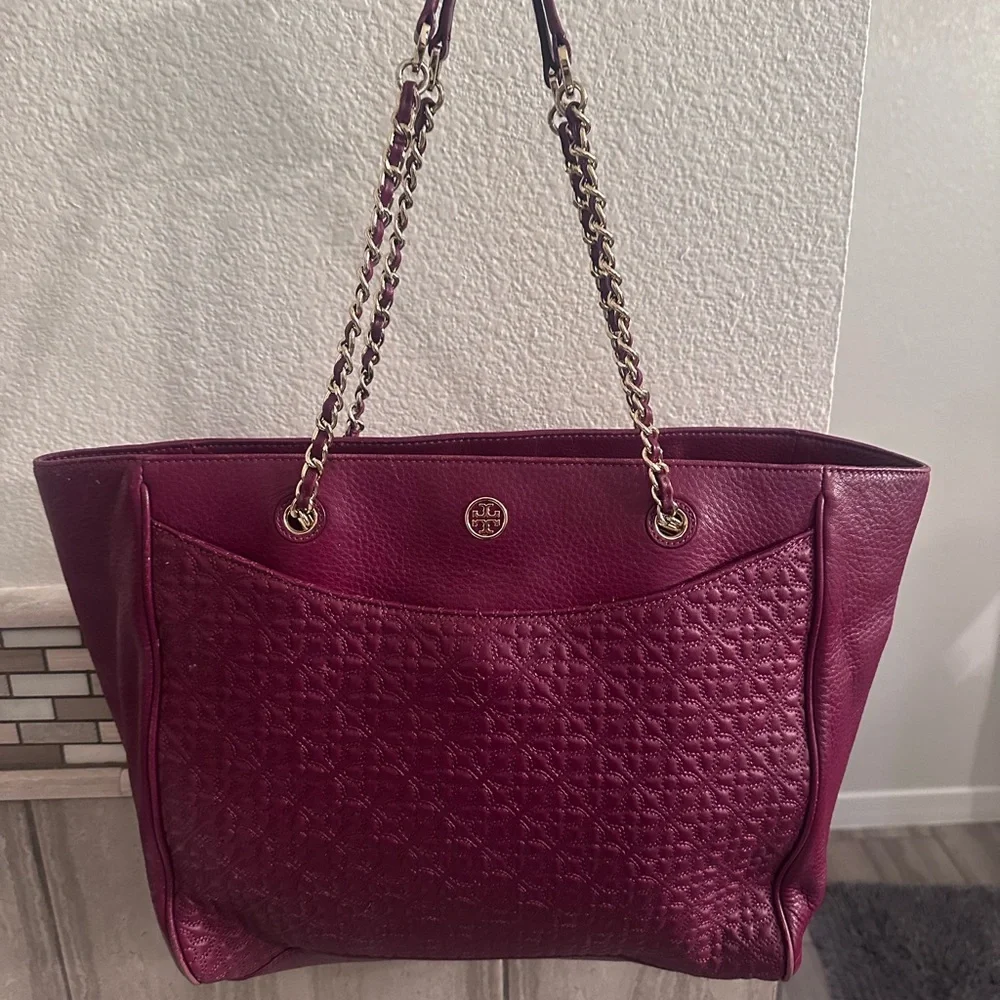 Tory Burch Burgundy Quilted Tote with Chain Straps